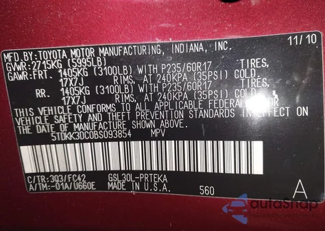 2011 Toyota Sienna Le V6 from USA, damaged, VIN 5TDKK3DC0BS093854